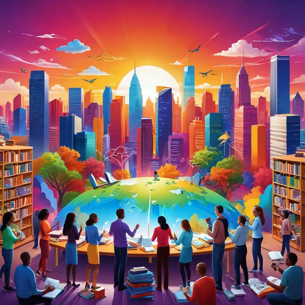 A vibrant illustration of diverse people joyfully collaborating in a bright, open-space environment, surrounded by various outstanding resources like books, technology, and tools that represent knowledge and action. The background features a colorful skyline symbolizing growth and potential. Infuse elements of elation, teamwork, and creativity. super-realistic. vibrant colors. 3D.