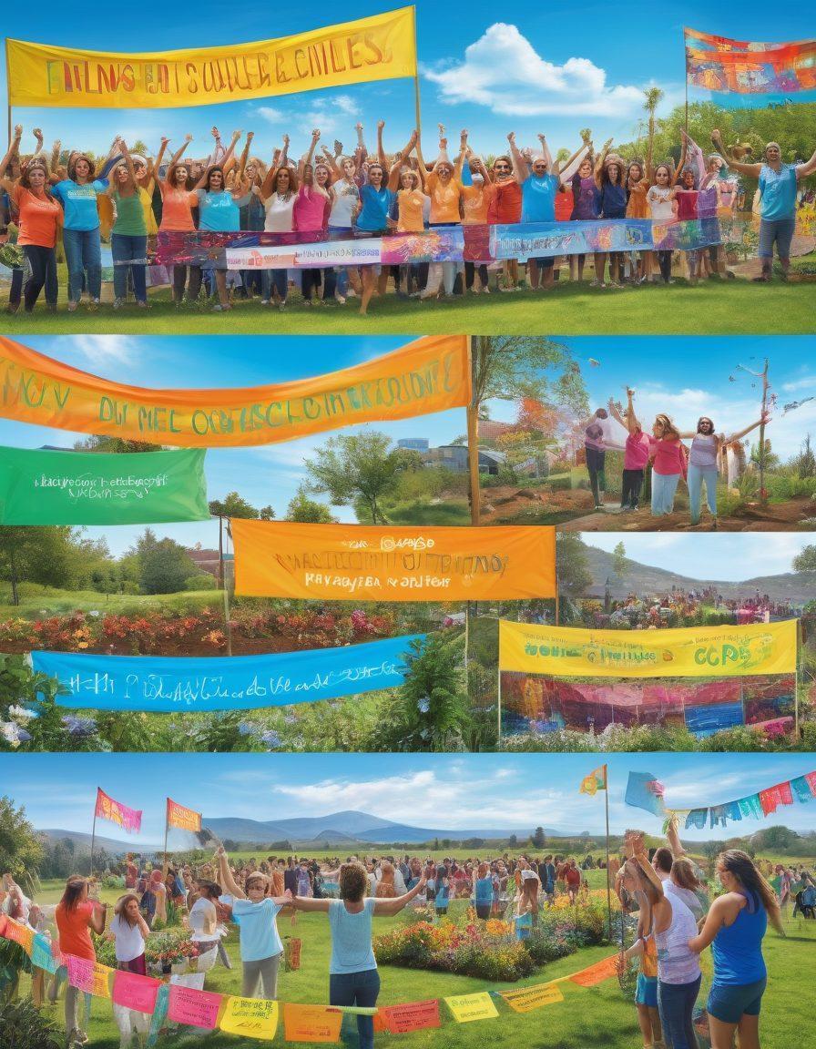 A diverse group of smiling people engaging in community activities, showcasing joy and collaboration, with colorful banners of NVSOS in the background. Include scenes of outdoor events, arts and crafts, and community gardening, all radiating positivity and support. Bright blue skies and lush greenery to evoke a sense of happiness and thriving together. vibrant colors. super-realistic.