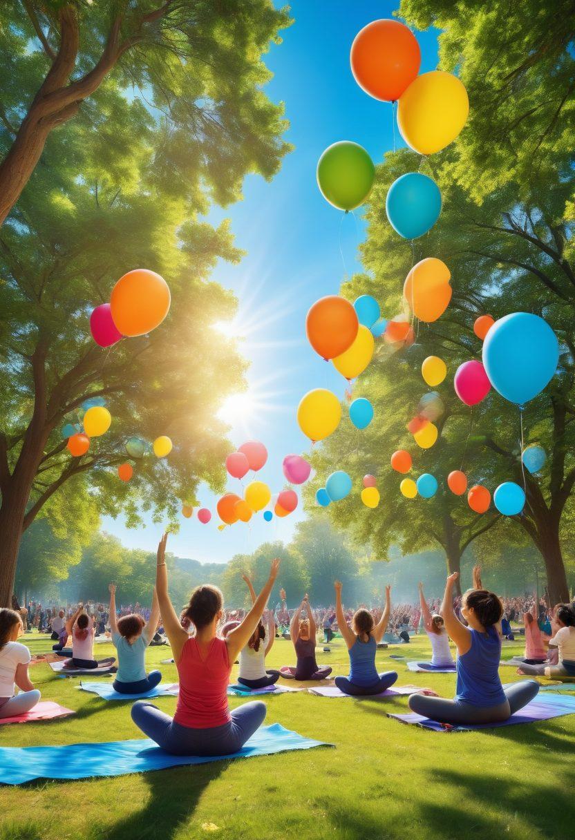 A vibrant community gathering in a sunny park, showcasing diverse people joyfully connecting, sharing smiles, and engaging in activities like yoga and group games. Colorful banners and balloons create a festive atmosphere, with lush trees and flowers surrounding the scene, illustrating the theme of well-being and happiness. super-realistic. vibrant colors. bright blue sky.